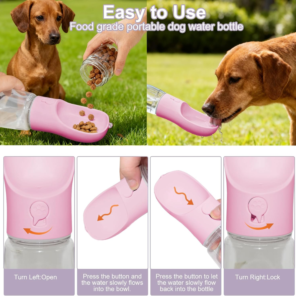Portable Dog Water Bottle with Food Container - 12oz Leak-Proof Pet Dispenser for Travel and Outdoors