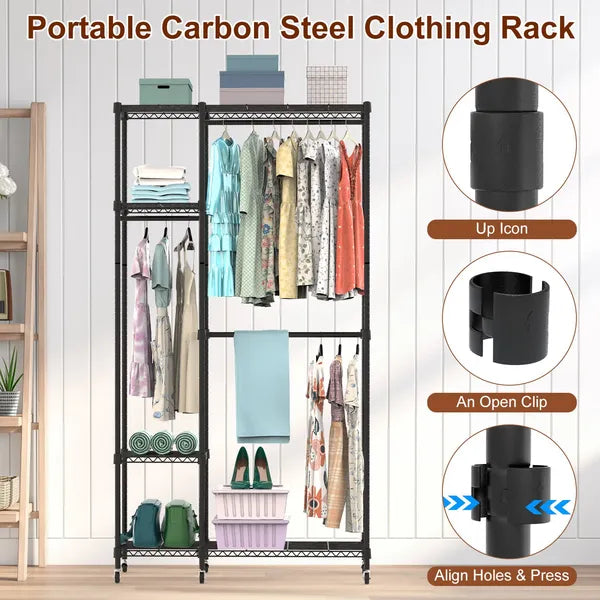 4 Tier Heavy Duty Garment Rack With Wheels Carbon Steel Clothing