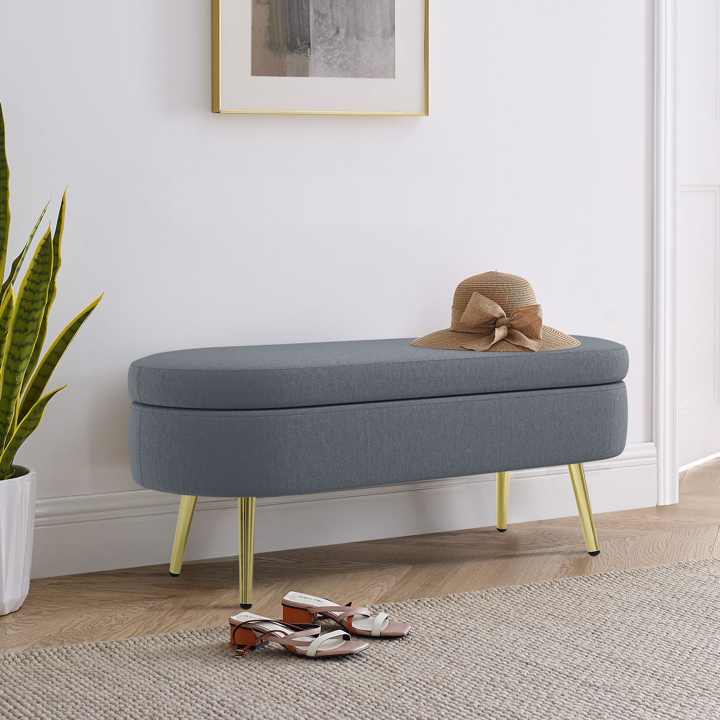 Oval Flannel Storage Ottoman with Metal Legs - Dark Gray