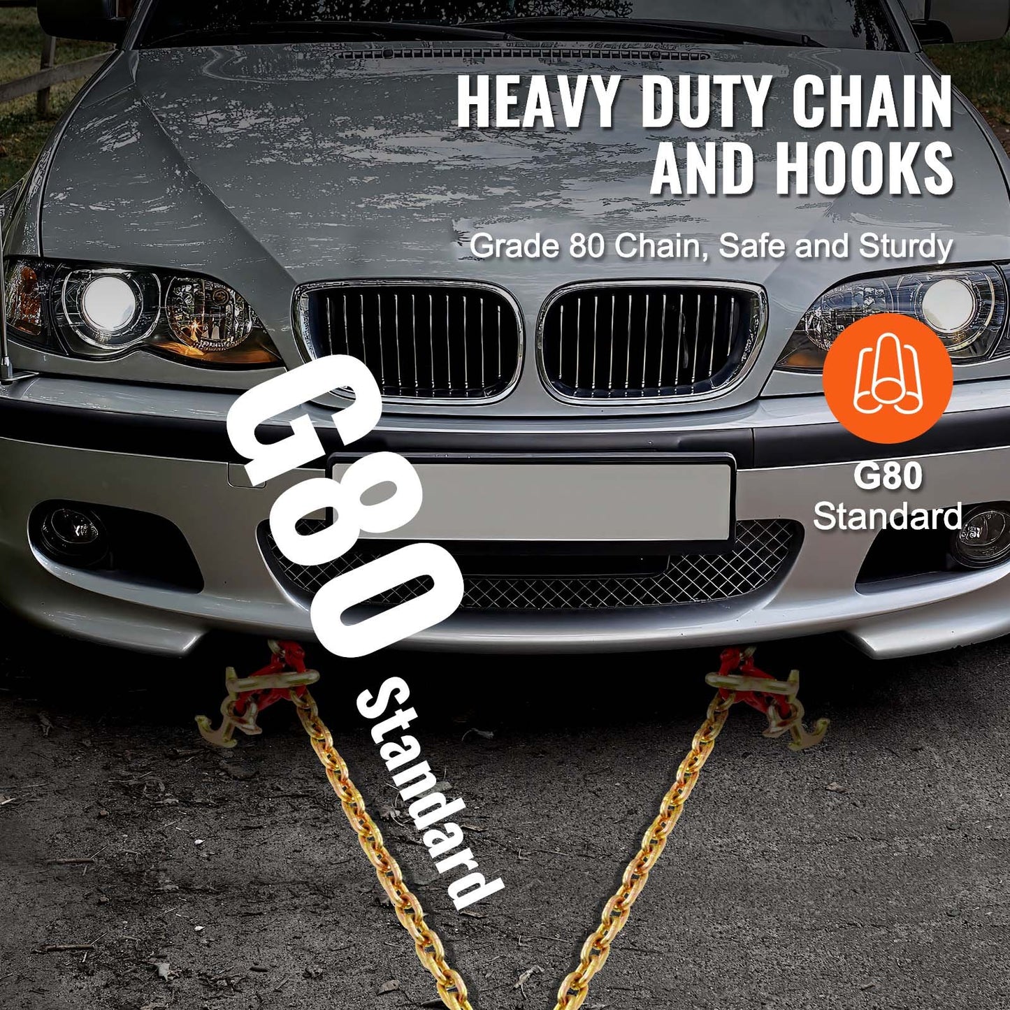 G80 Tow Chain V-Bridle with Grab Hooks - 5/16 inch x 3 ft Heavy Duty Wrecker Chain