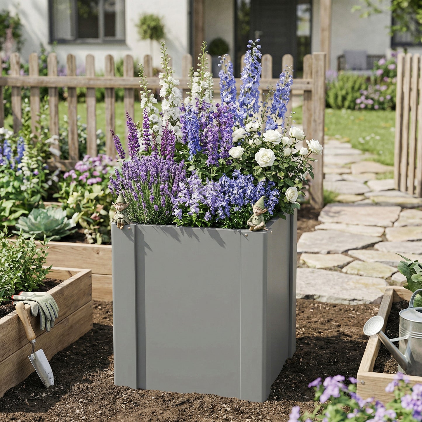 Galvanized Raised Garden Bed Planter Box Outdoor with Gardening Gloves - Gray 1.4x1.4x1.5 ft