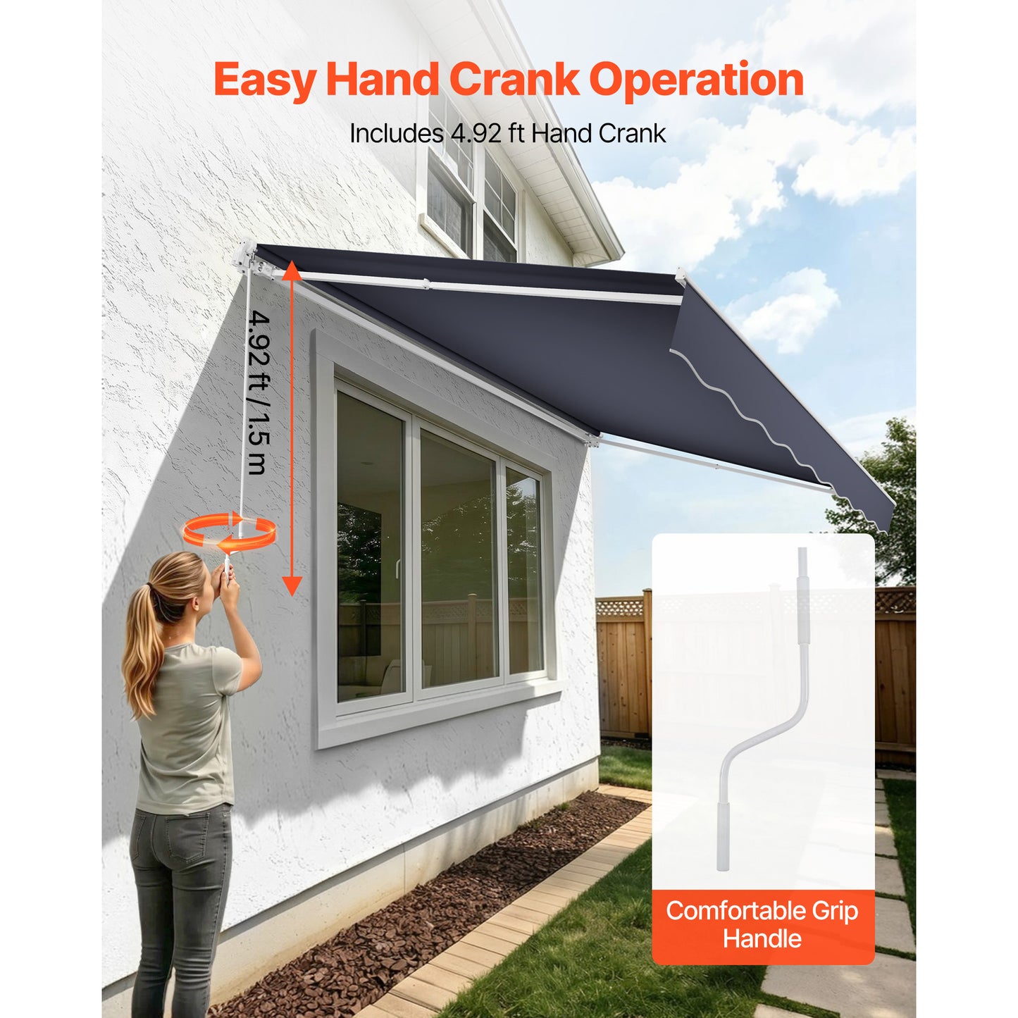 Retractable Outdoor Sun Shade Awning 11.5' x 9.8' Water-Resistant Polyester Shelter with Crank Handle for Patio, Deck, Balcony, Gray