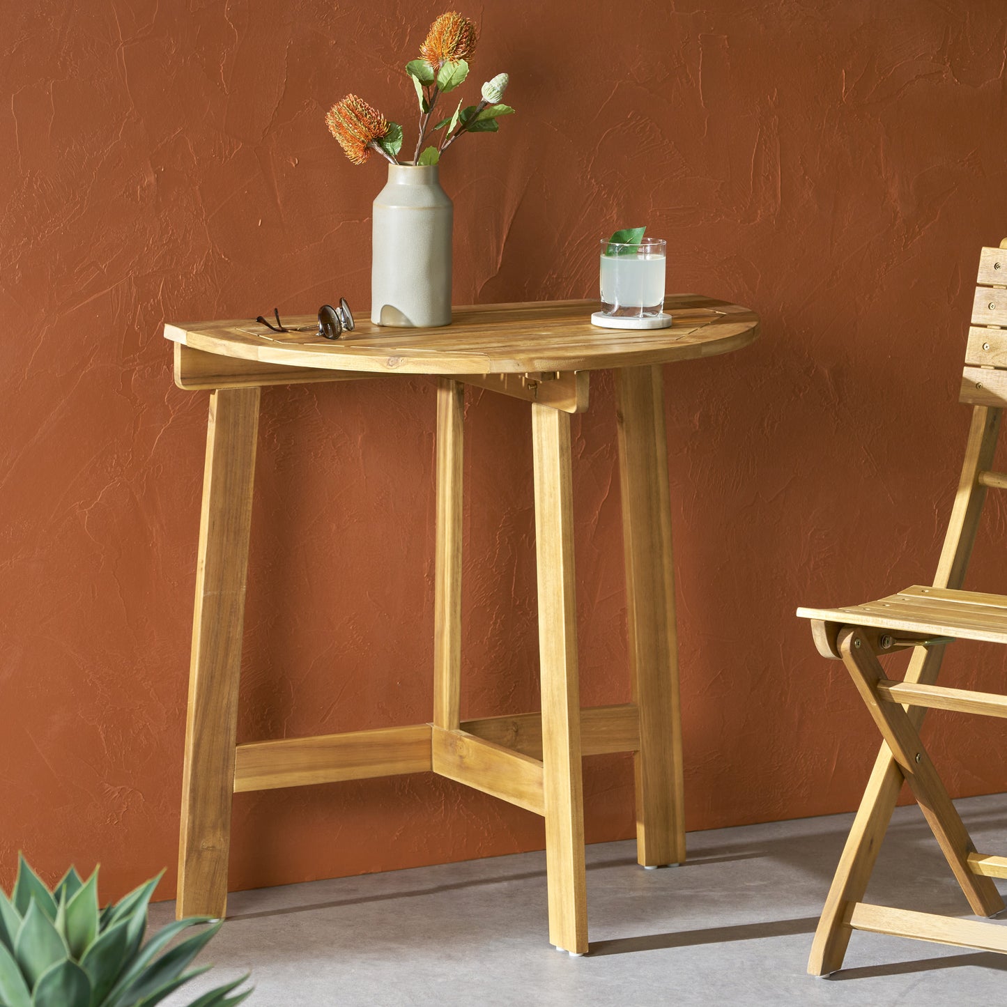 Outdoor Half-Round Folding Bistro Table - Acacia Wood, Natural