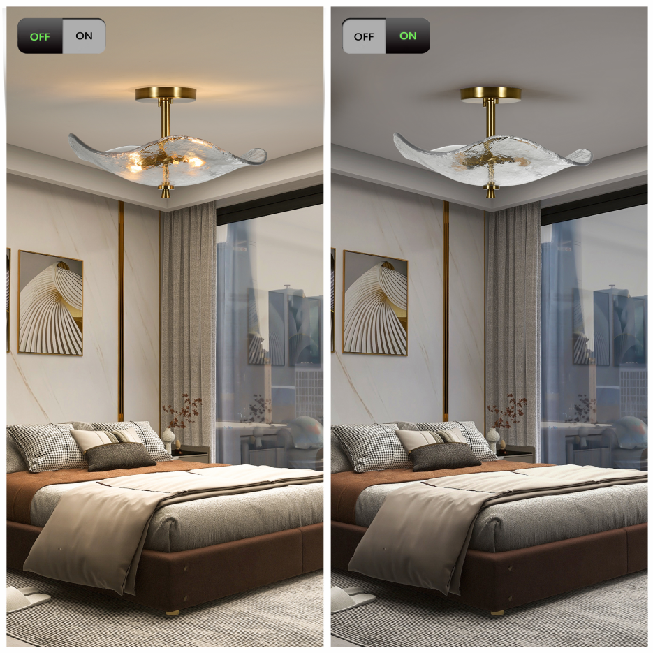 16.5 Inch Gold Semi Flush Mount Ceiling Light Modern Glass Fixture for Bedroom Bathroom Kitchen