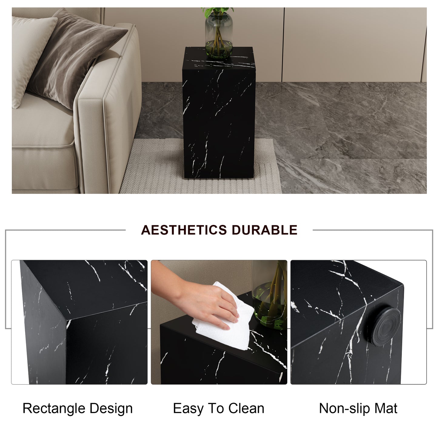 11.8x11.8x19.6 Inch Black Marble Texture MDF Coffee Table - Luxurious