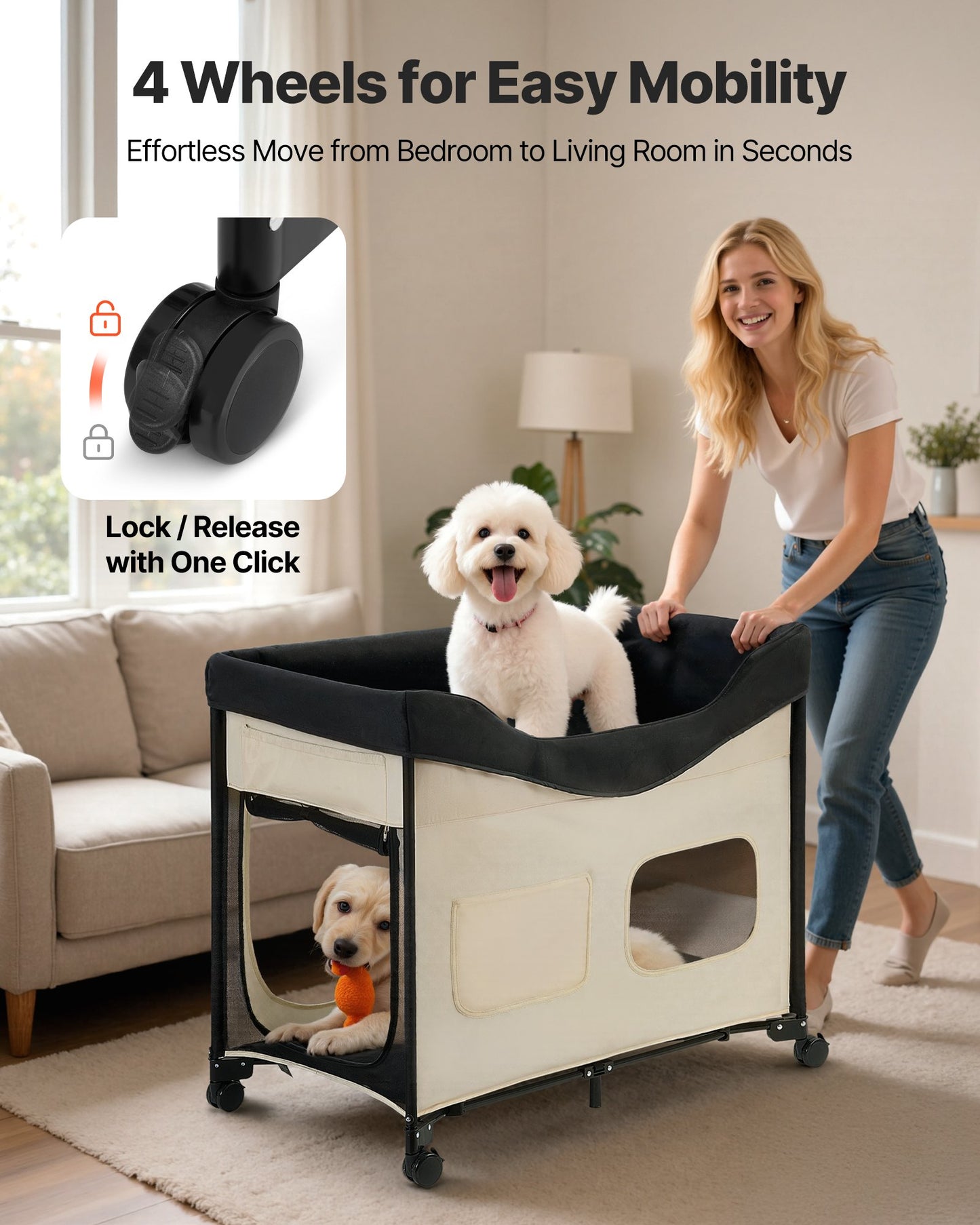 Elevated Foldable Dog Bed with Wheels & Storage - XL Beige Pet Bed