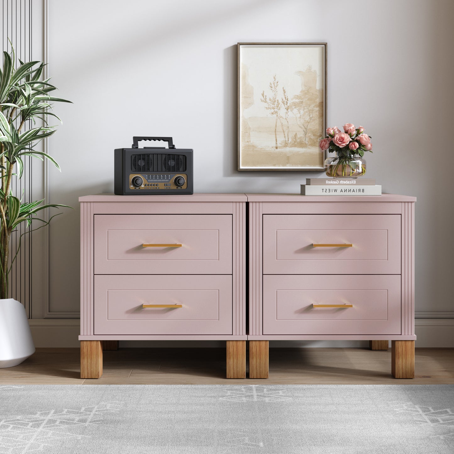 2 Drawer Nightstand - Elegant Fluted Design, Solid Wood Legs, Pink