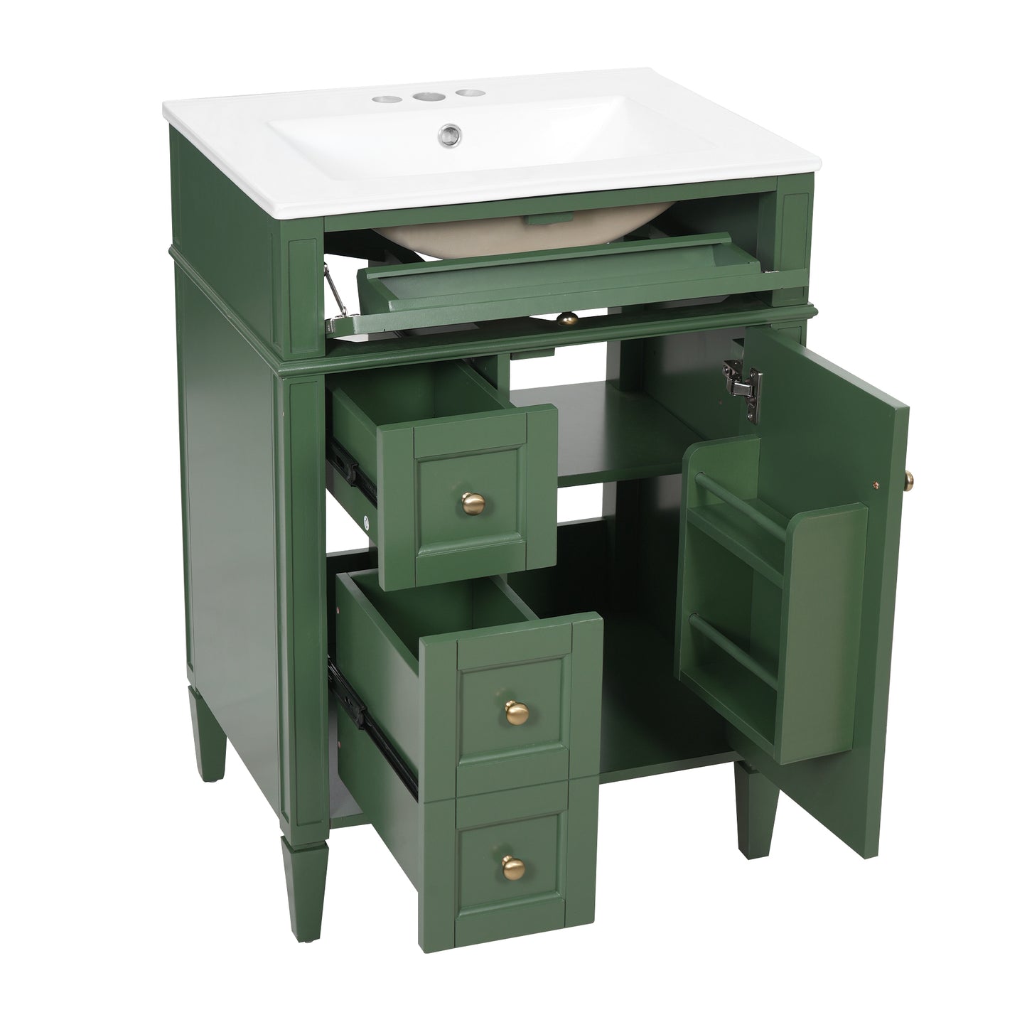 24'' Green Bathroom Vanity with Ceramic Sink & Storage Drawers