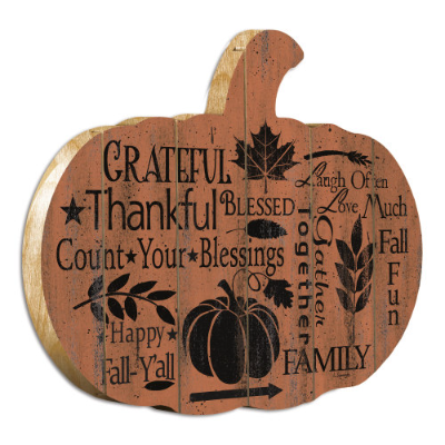 Grateful Wooden Pumpkin Wall Art by Artisan Linda Spivey - Multicolor
