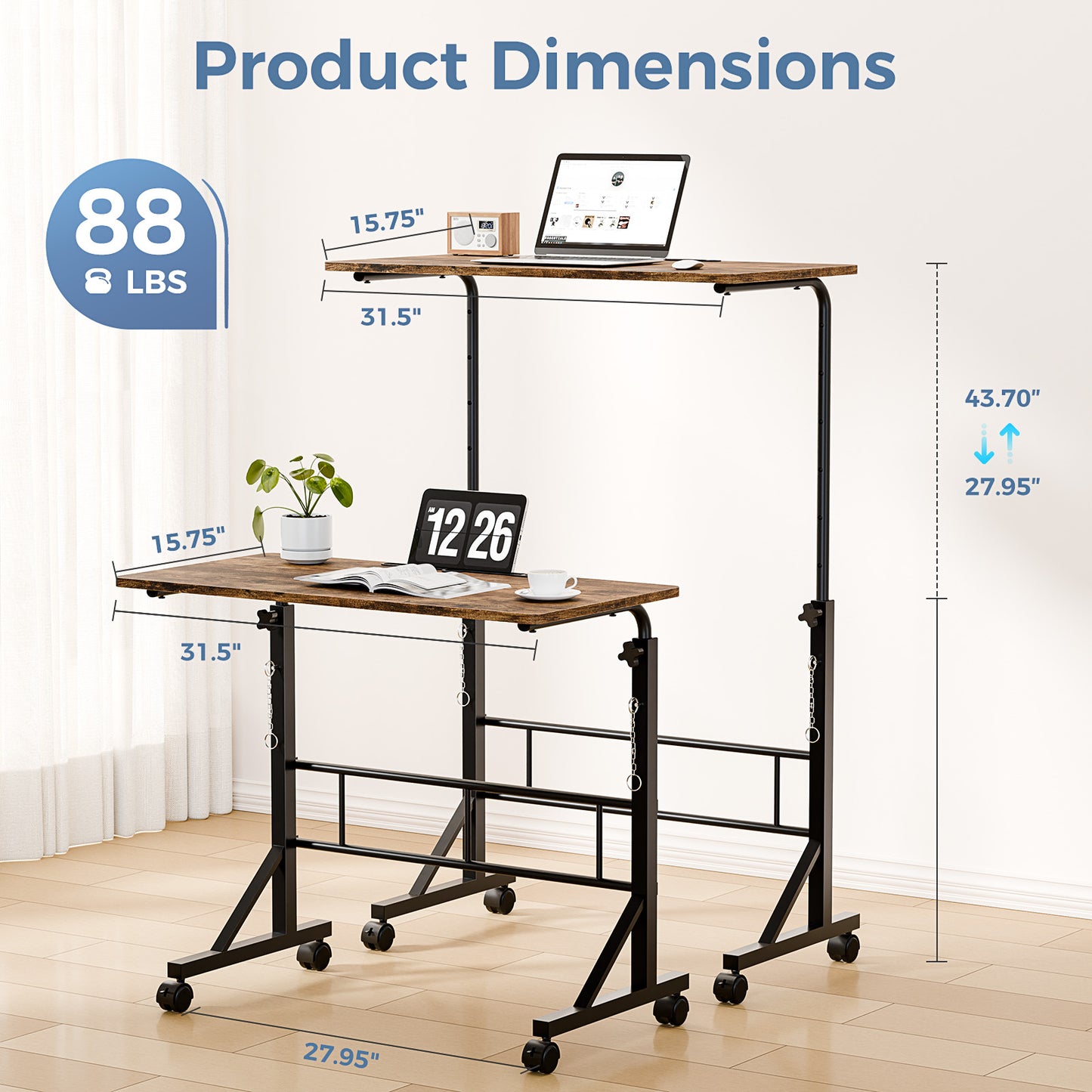 31.5-inch Adjustable Mobile Desk with Locking Wheels - Multiple Colors