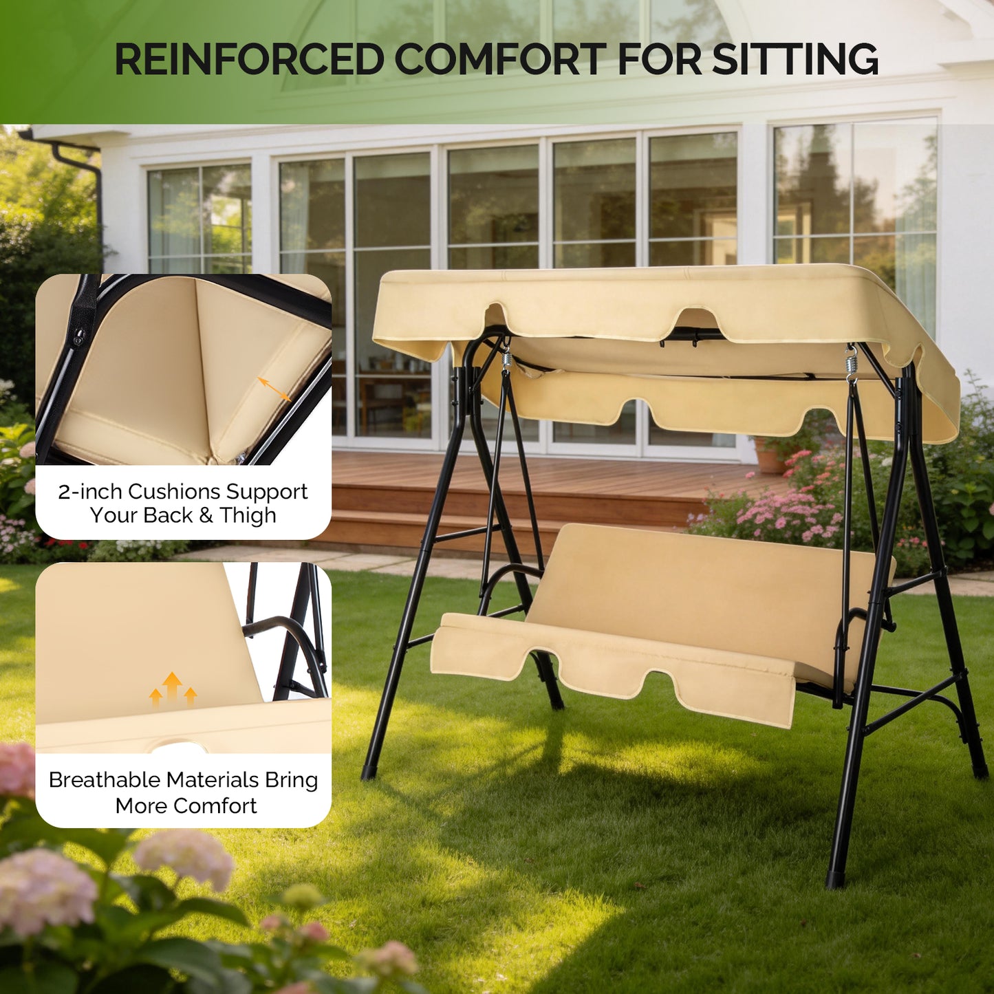 3-Person Outdoor Patio Swing Chair Set with Canopy & Cushions