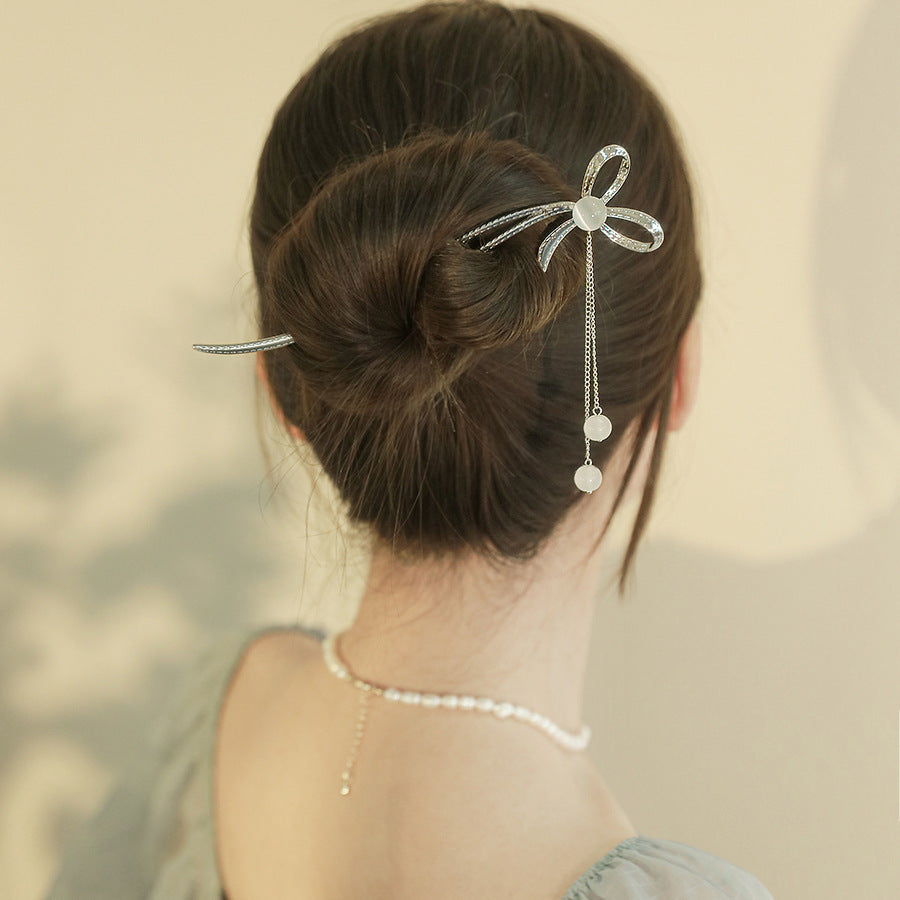 Elegant Bow Hairpin with Crystal Accent - Modern Hair Accessory