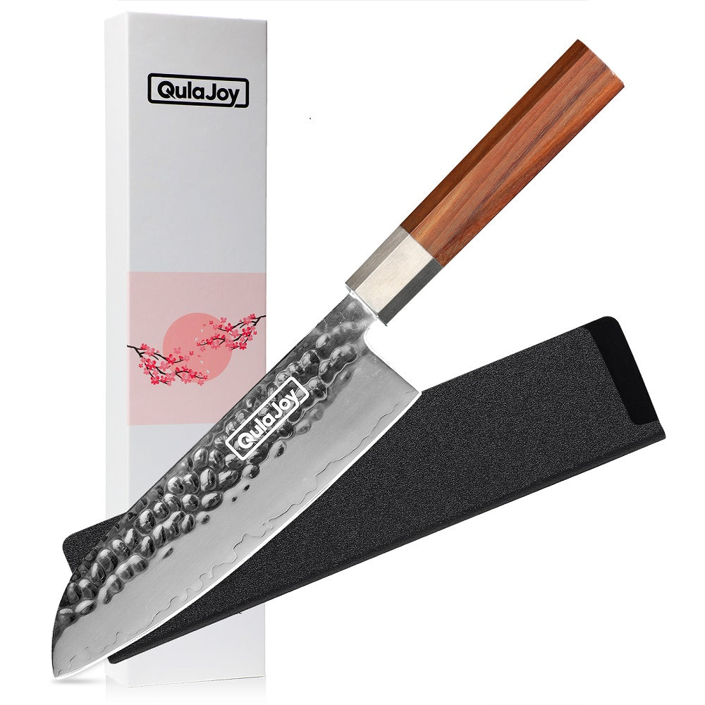 Japanese Nakiri Knife - 7-Inch Hammered Steel Blade with Olivewood Handle