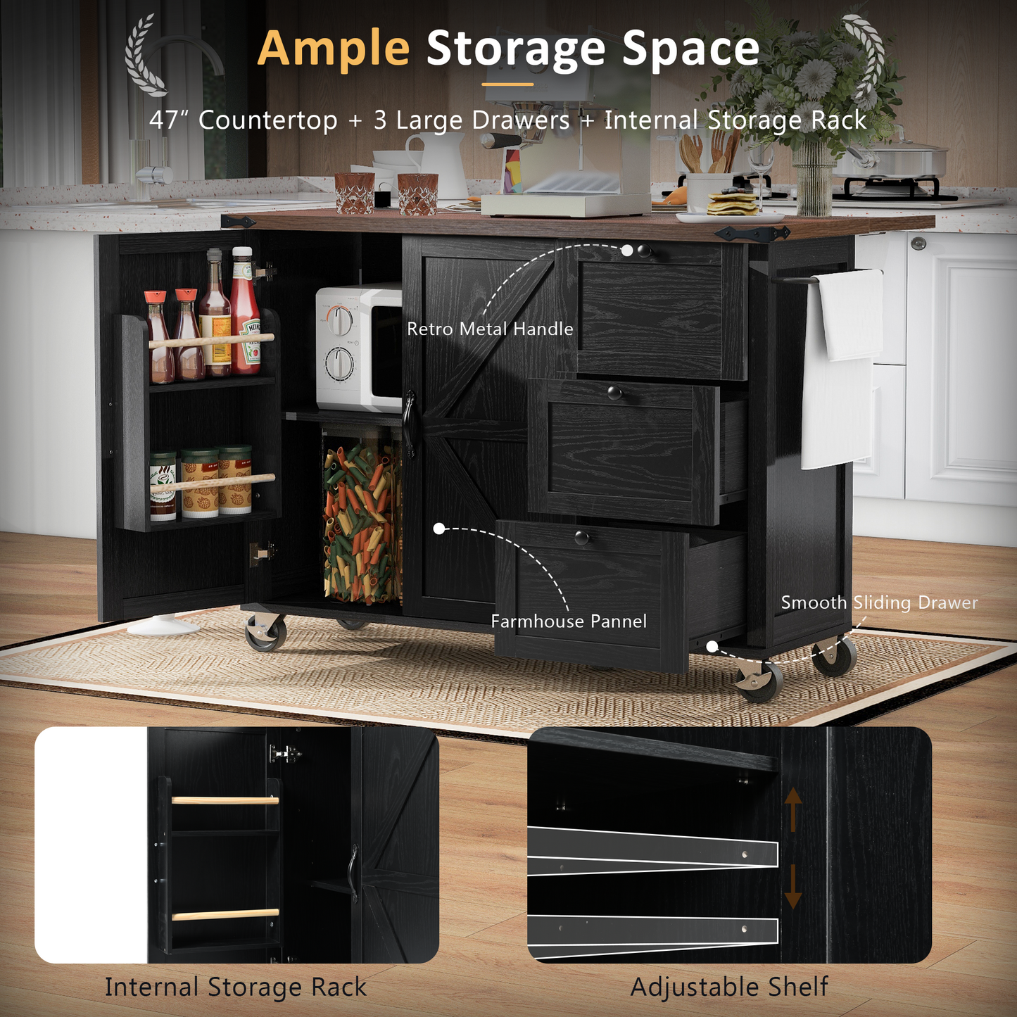 54.5 Farmhouse Kitchen Island With Power Outlet,Kitchen Storage
