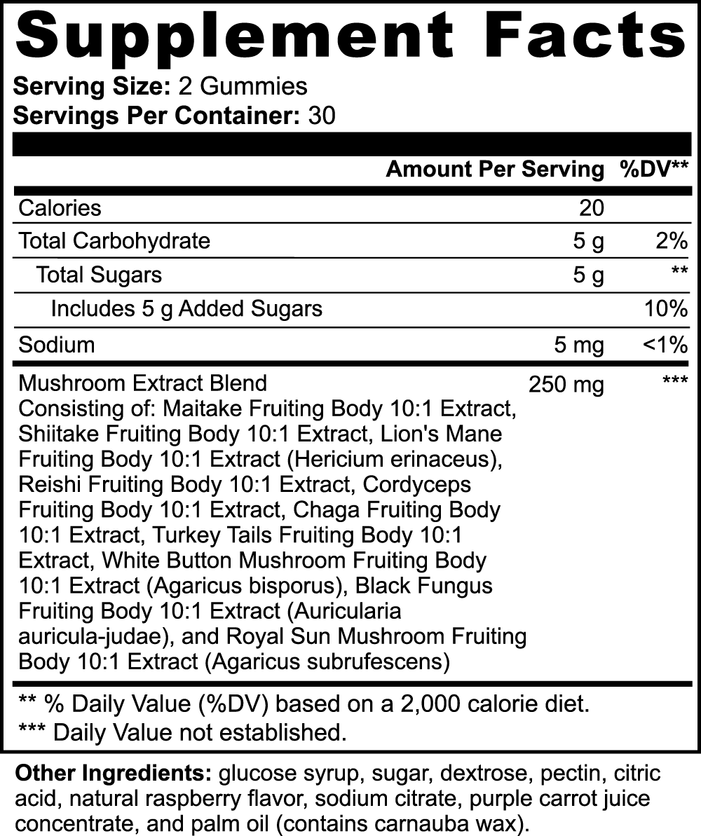 Mushroom Extract Complex Gummies - 60 Count Raspberry Flavored Supplements