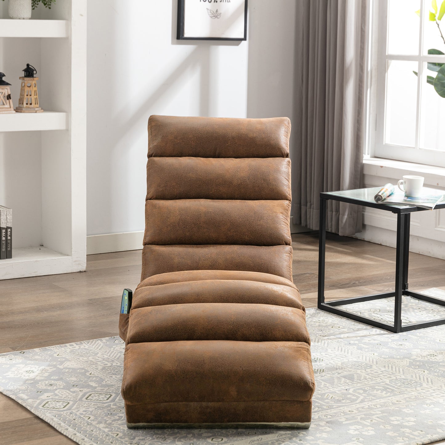 Luxury Upholstered Chaise Lounge Chair with Vibration - Coffee