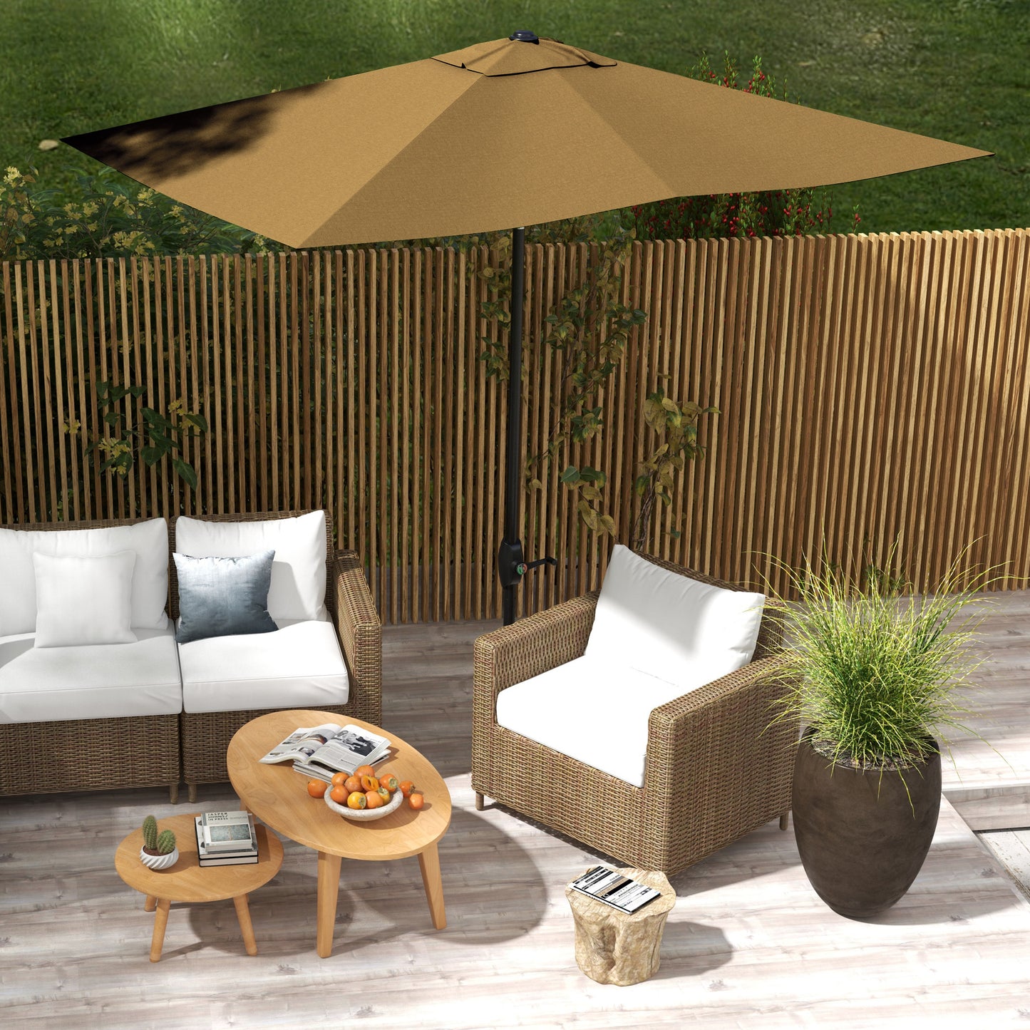 6.6' x 10' Rectangular Market Umbrella with Crank & Tilt - Coffee