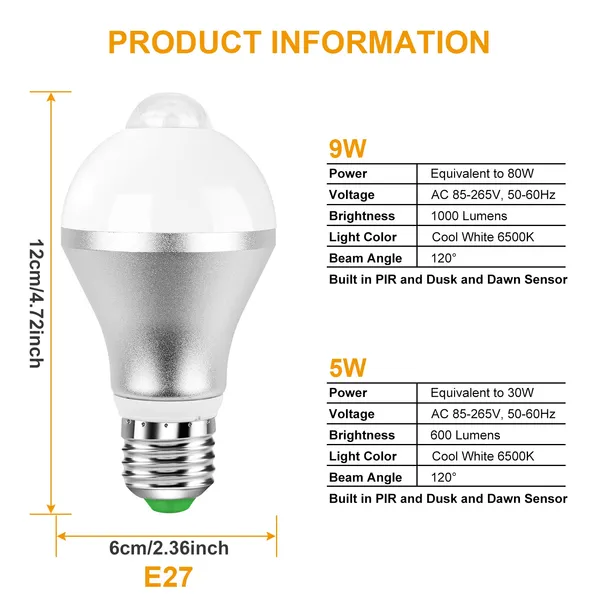 E27 Motion Sensor LED Light Bulb 9W 600lm Dusk to Dawn White