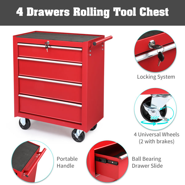 Steel Maintenance Tool Cart with 4 Drawers, Red Garden Tool Storage Cabinet