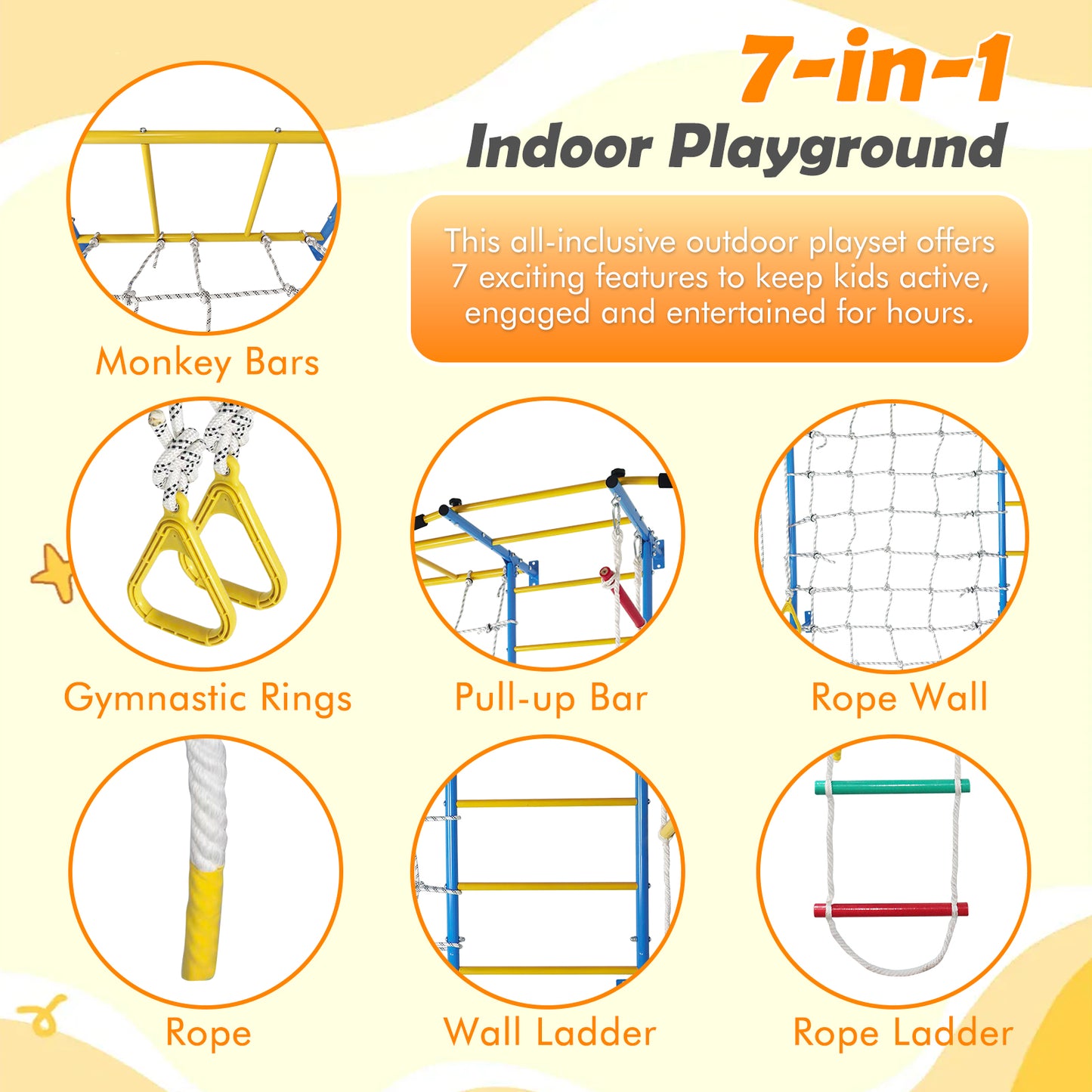 7-in-1 Indoor Playground Wall Gym with Monkey Bars & Gymnastic Rings