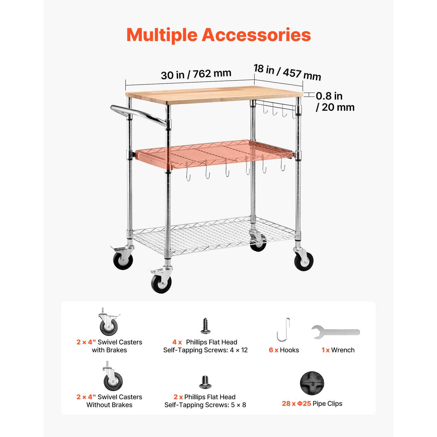 Heavy Duty 3-Tier Wire Utility Cart with Wooden Top and Handle - Rolling Storage Trolley, 661 lbs Capacity