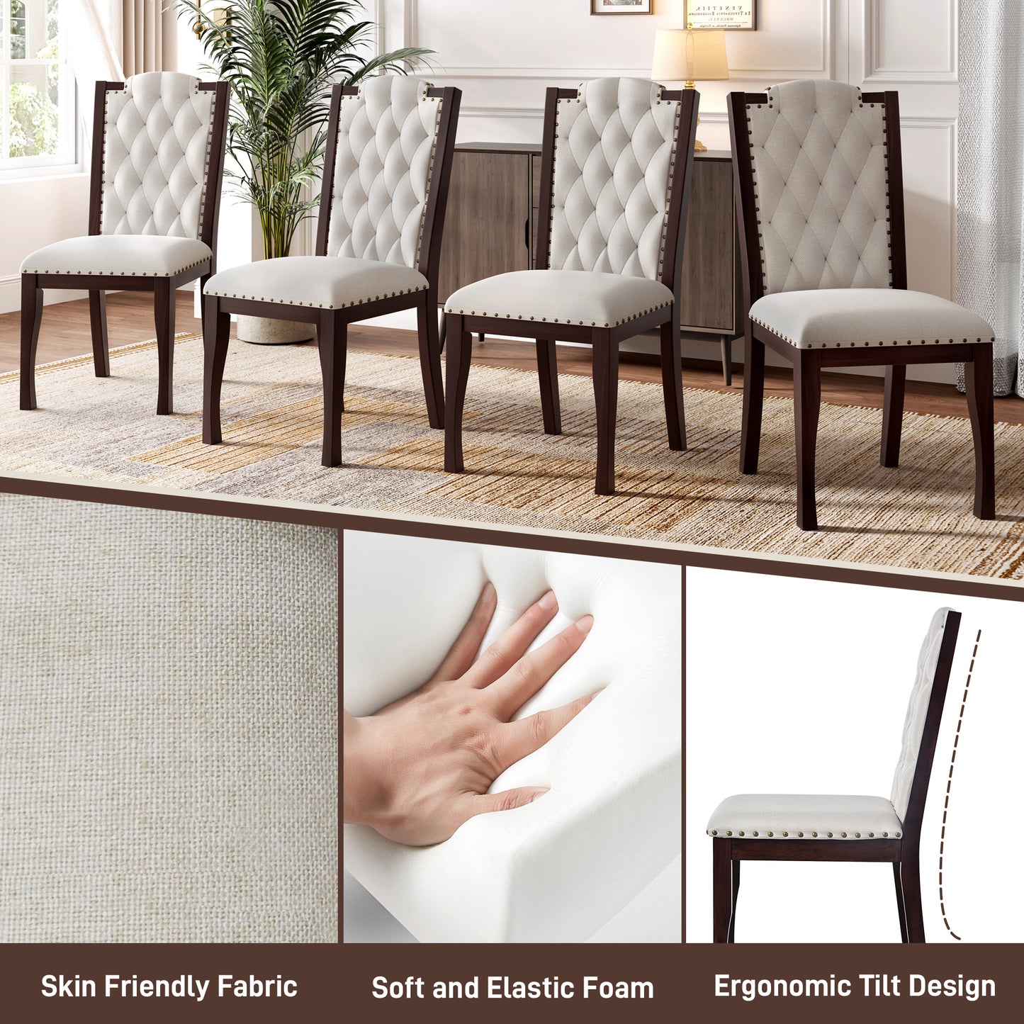 Upholstered Dining Chairs Set Of 4, High Back Diamond Button Tufted