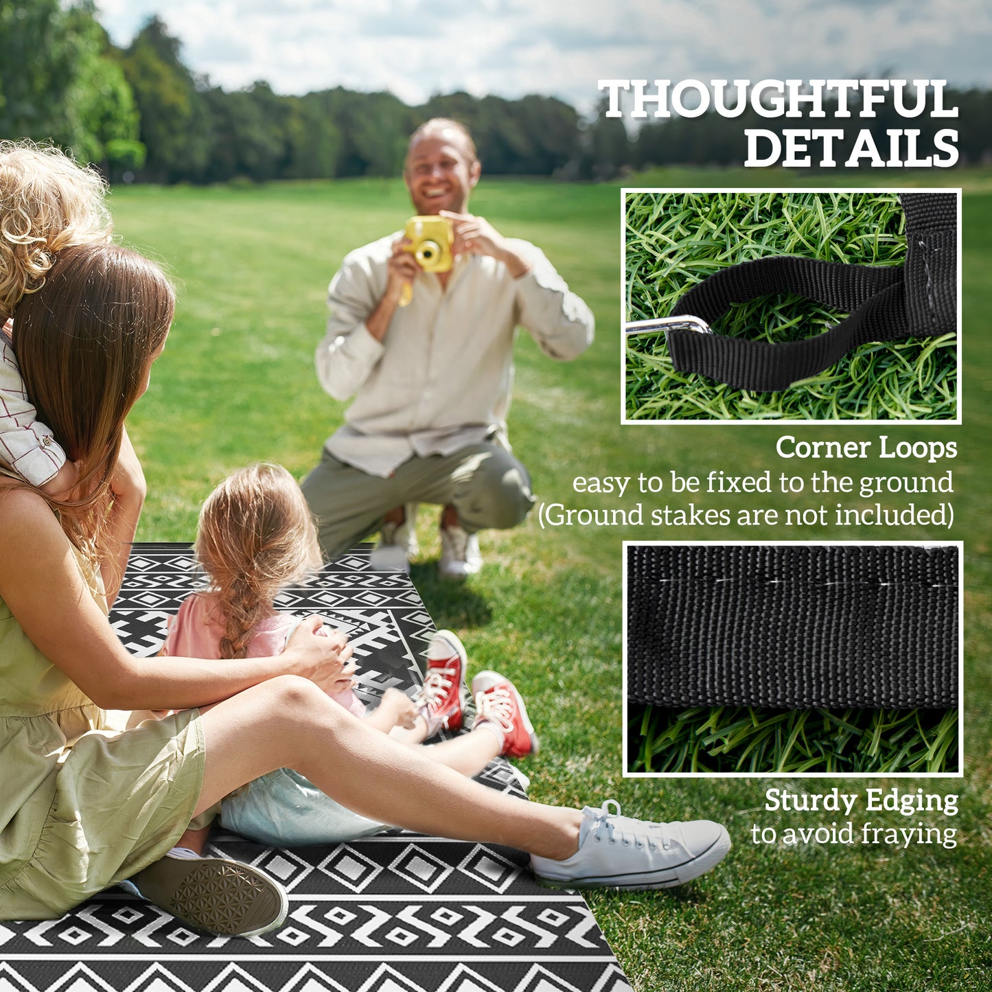 Reversible Waterproof Outdoor Rug - 9' x 18' Black & White Rhombus