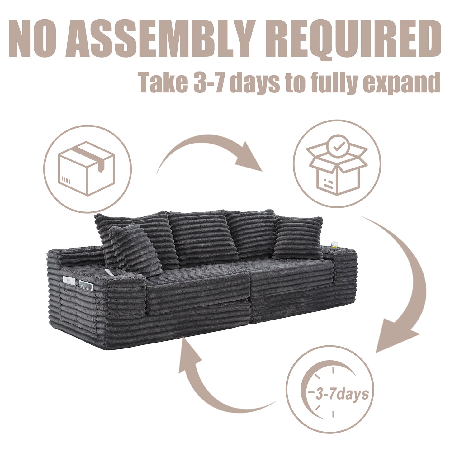 Oversized Corduroy Sofa Bed with Cup Holder & Pillows - Dark Gray