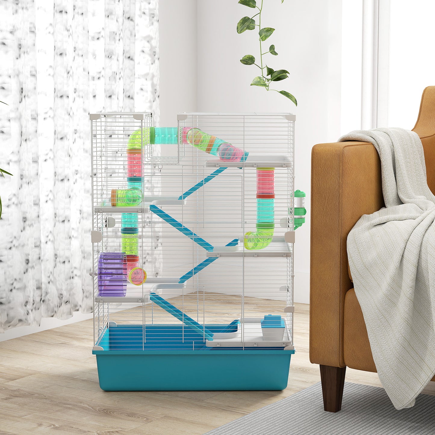 6-Tier Hamster Cage with Tubes, Ramps, Wheel & Accessories - Light Blue