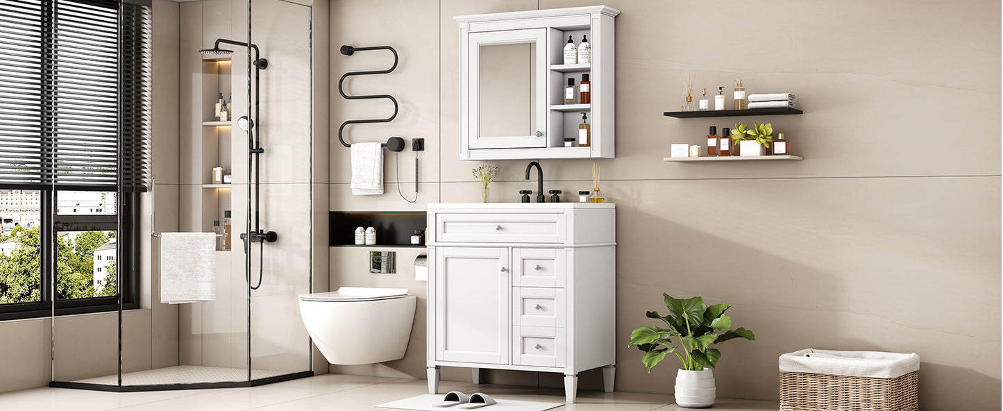 30'' Modern Bathroom Vanity with Sink & Mirror Cabinet - White
