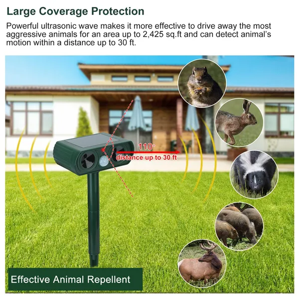 Solar Ultrasonic Animal Repeller for Garden Pest Control - 2 Pack