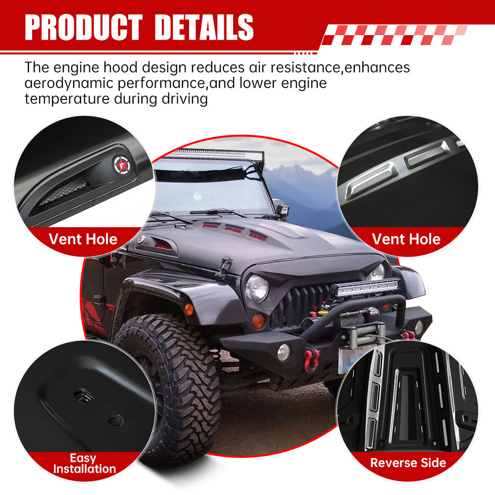 Avenger Style Replacement Hood for 2007-2017 Jeep Wrangler JK - Black