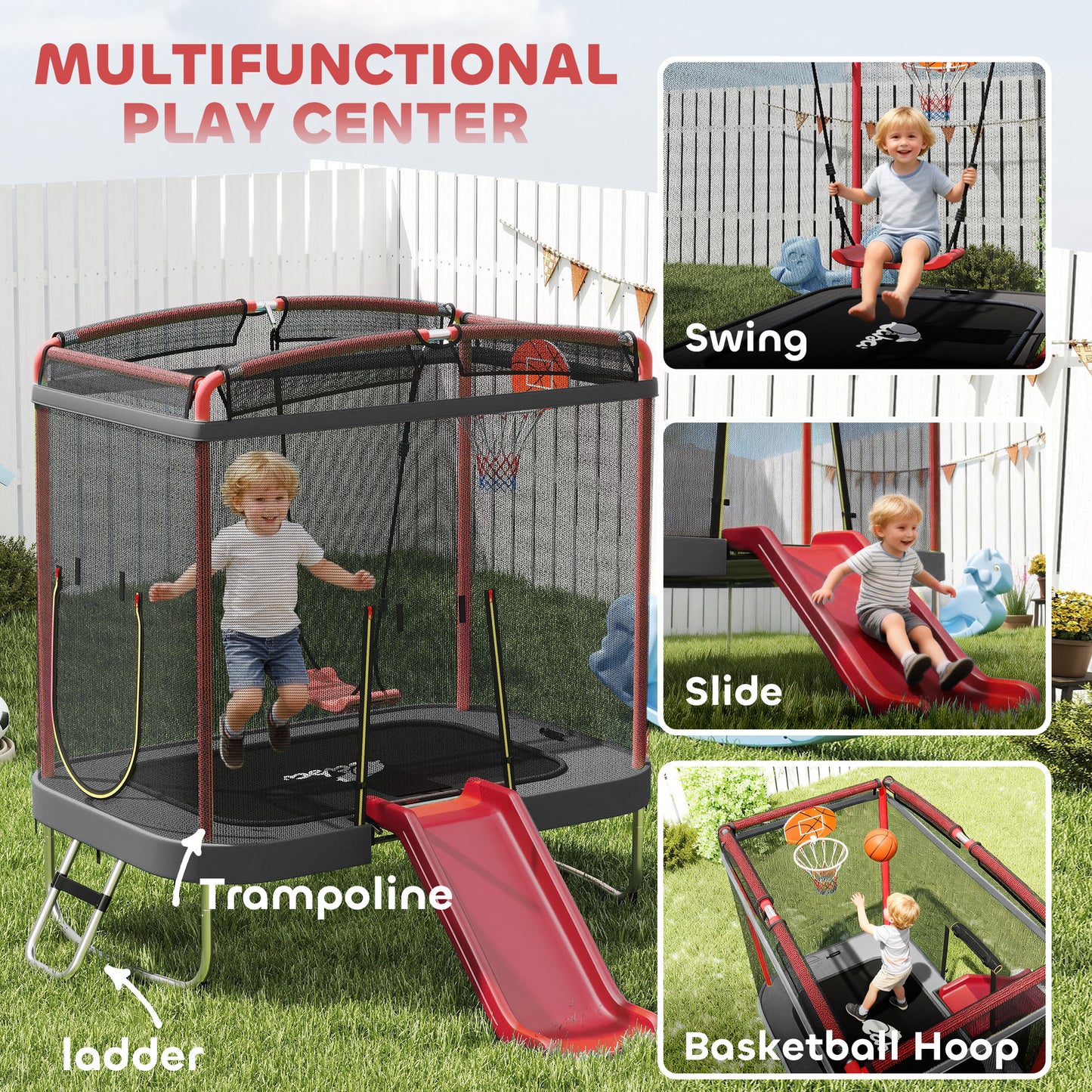 Kids Trampoline with Slide, Swing & Basketball Hoop - Red