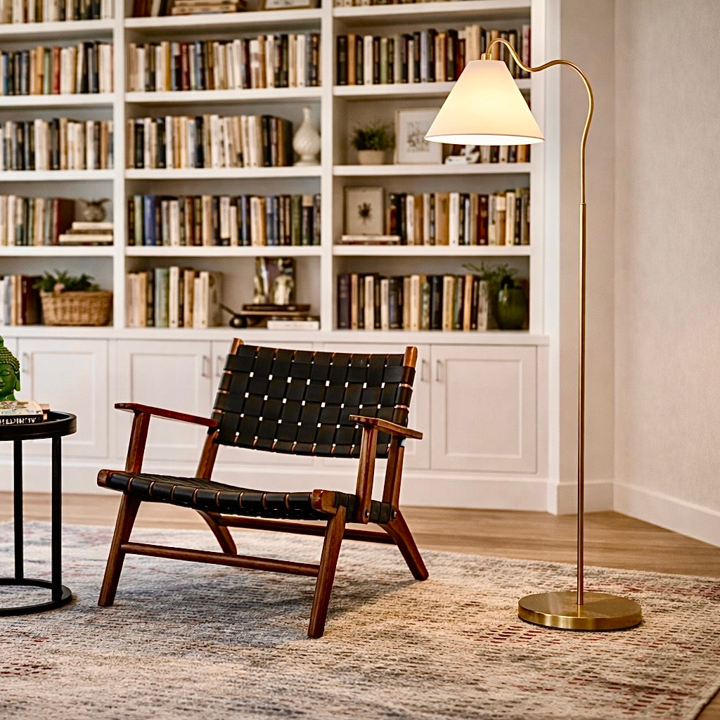 Majestic Brass Ring Base Curved Floor Lamp With Triangle White Drum