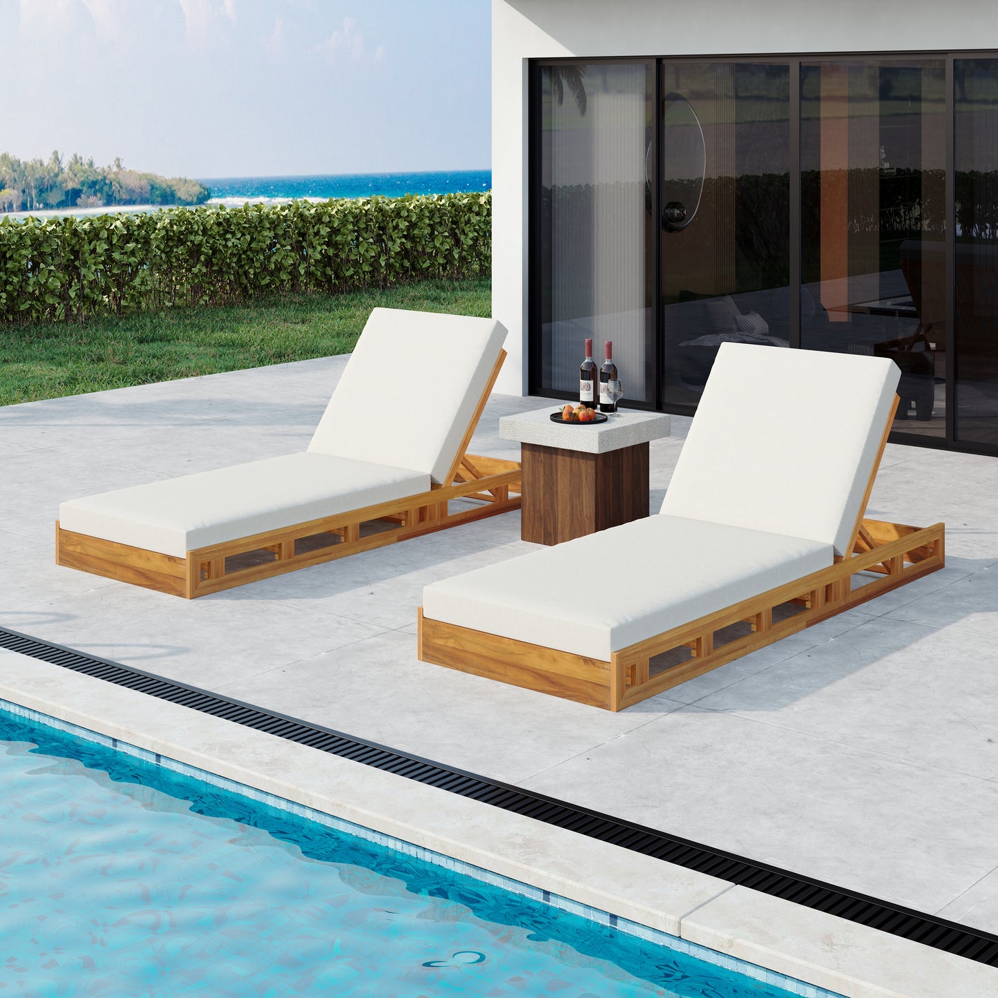 Acacia Wood Lounge Chaise Set with Water-Resistant Cushions - Cream