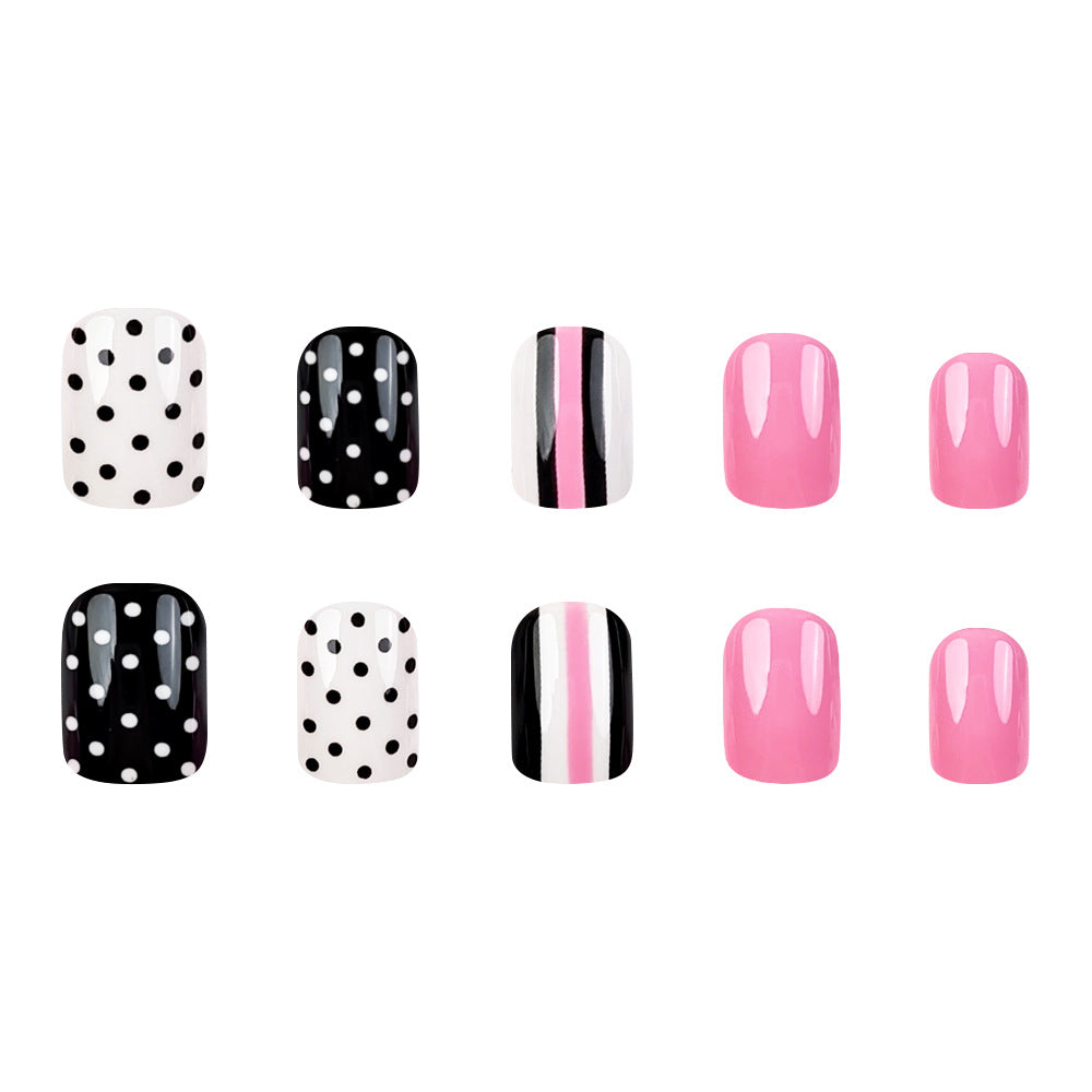 24 Pcs Pink Short Square Nail Stickers with Black Dots & Stripes Nail Art Kit