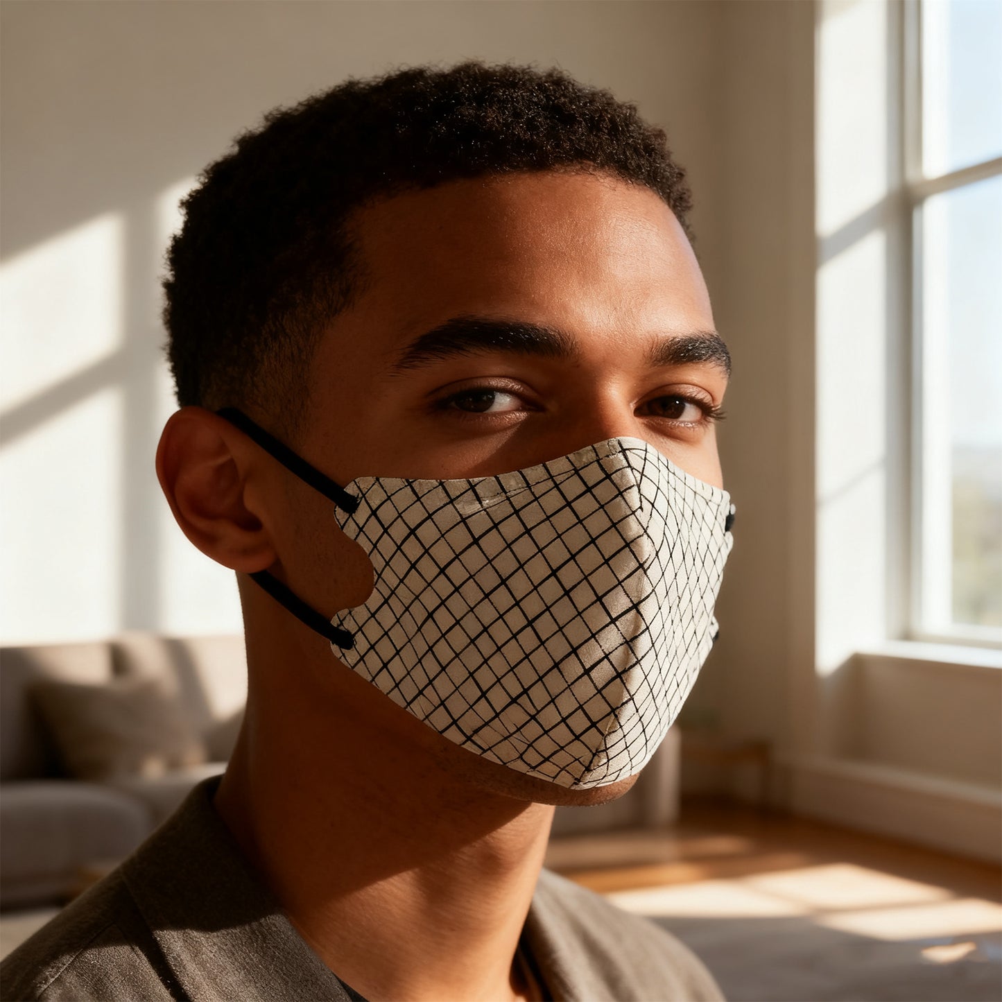 3D Houndstooth Face Mask - Beige