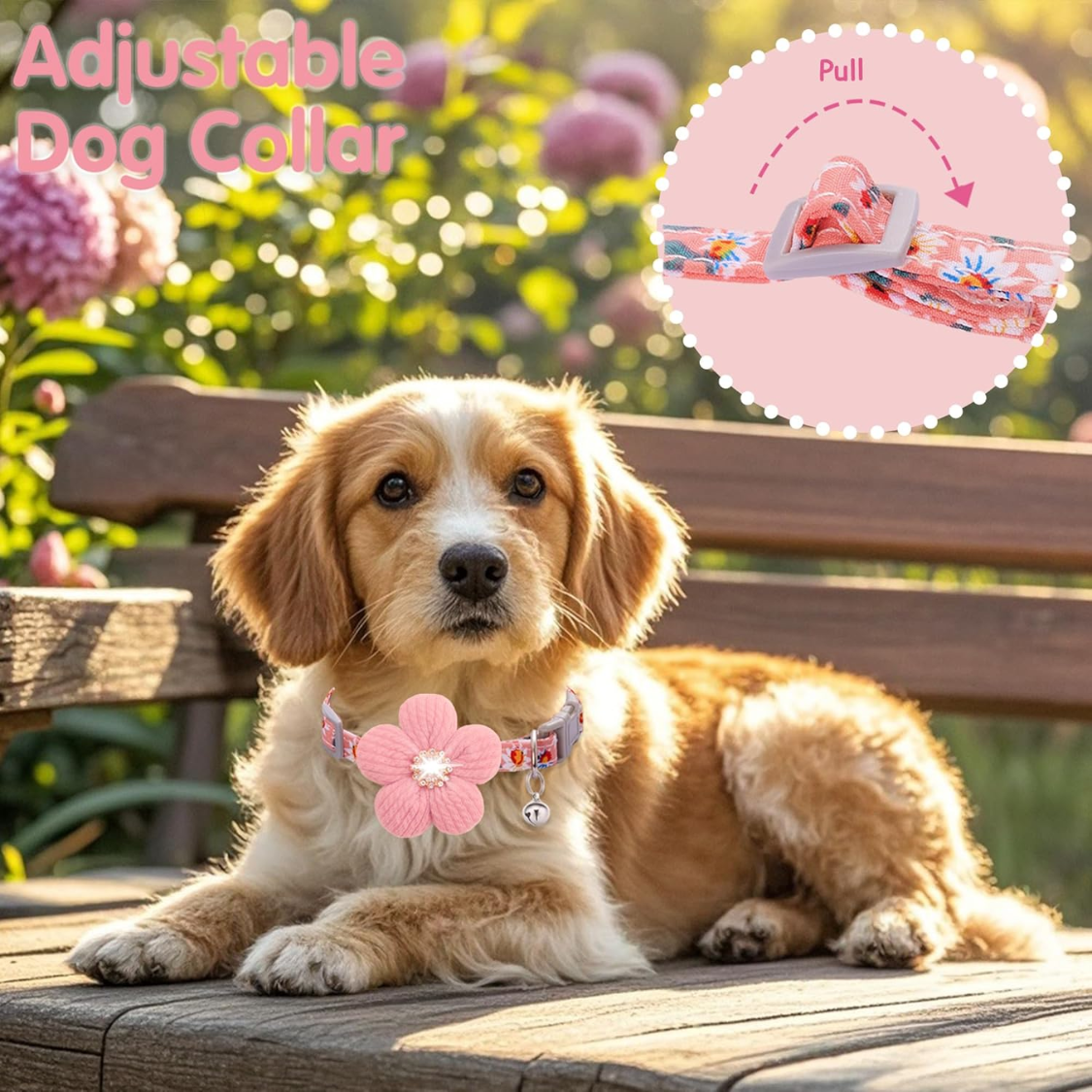 Small Dog Collar with Flower and Bell - Adjustable Spring Pet Necklace for Small Dogs