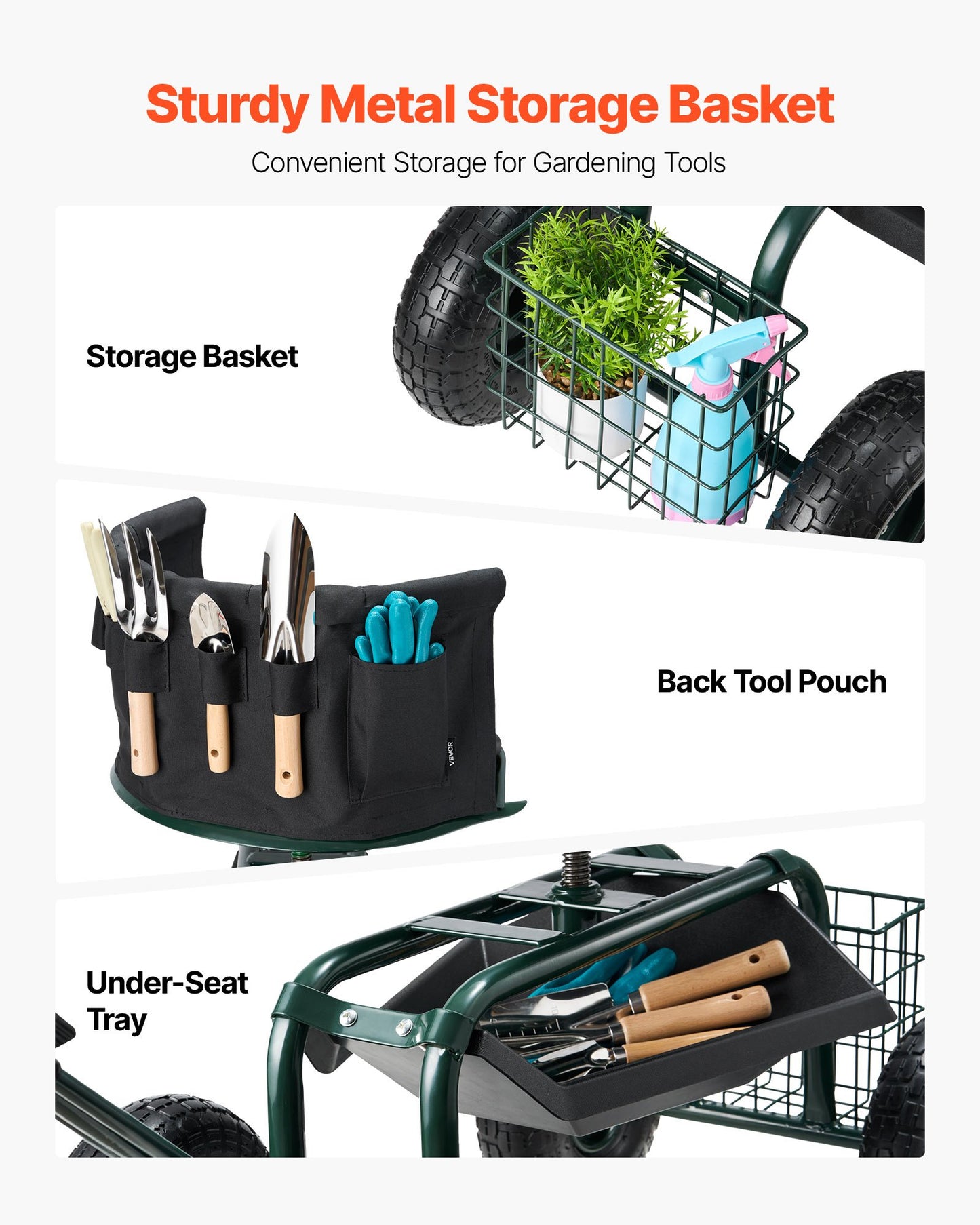 Garden Cart with Swivel Seat & Extendable Handle - Heavy Duty, Green