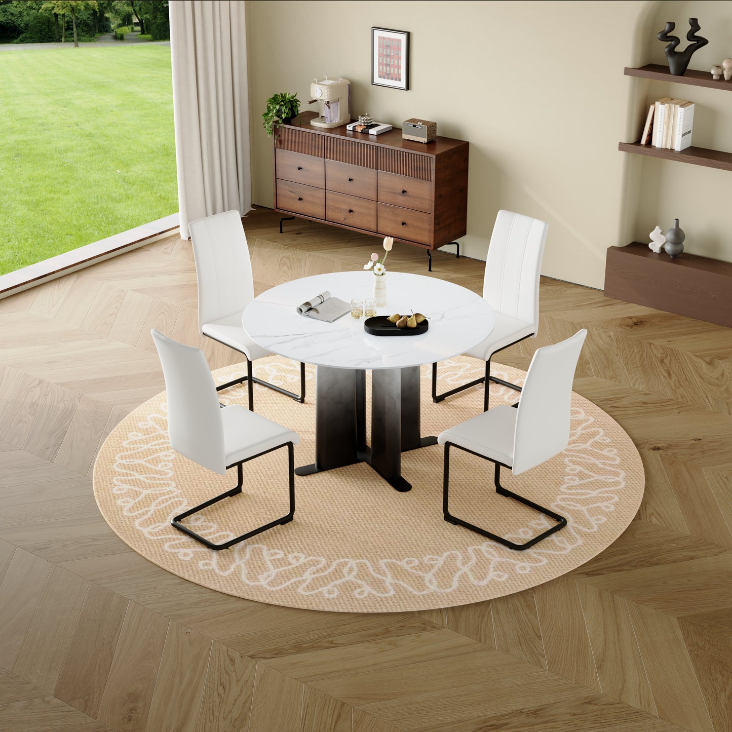 Round White Marble MDF Dining Table with Gradient Legs - Compact for 2-4
