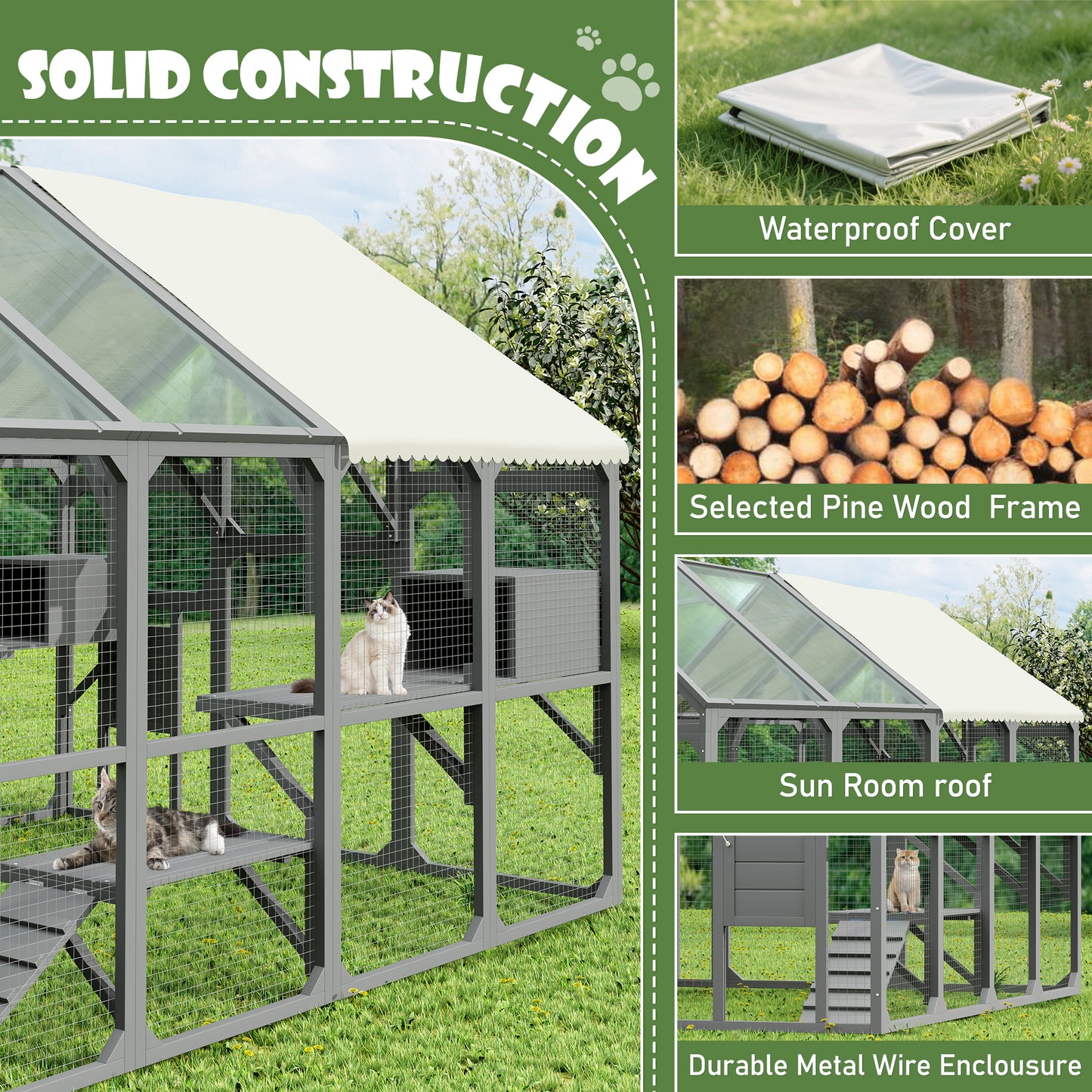 Large Outdoor Cat Enclosure for Multiple Kittens - Gray