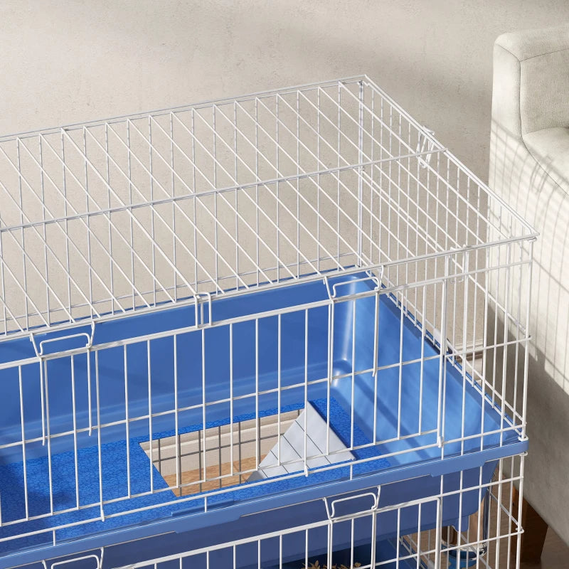 2-Tier Small Animal Cage with Ramp and Accessories - Indoor Guinea Pig, Chinchilla, Ferret Habitat in Blue & Gray