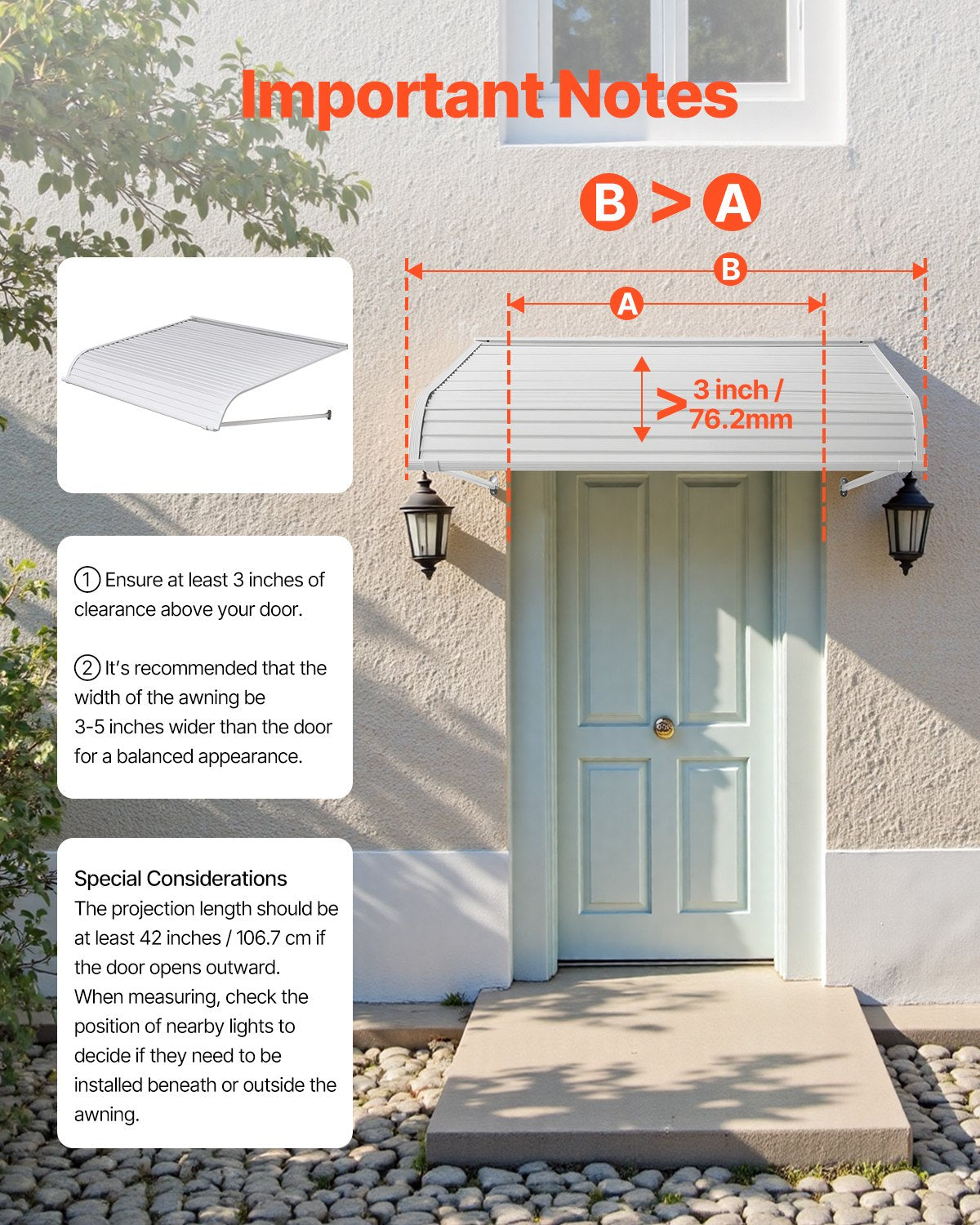 48x42 Inch Aluminum Door Canopy Awning - Anti-Rust Weatherproof Cover