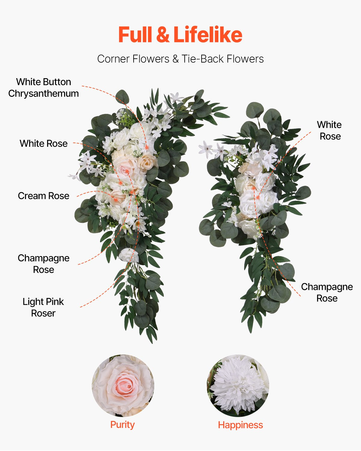 Artificial Wedding Arch Flowers Kit with 21ft Draping Fabric - White