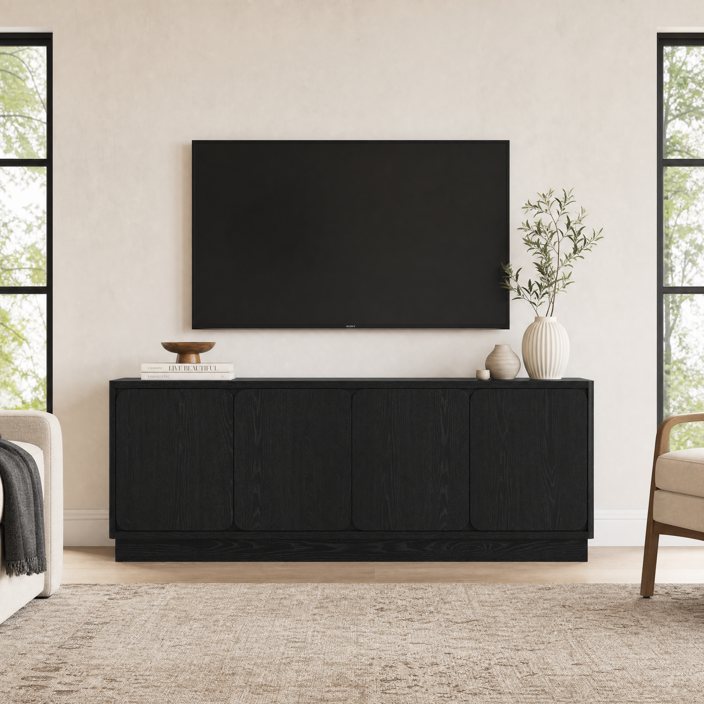 63 Inch Black TV Stand with 4 Storage Doors - Modern Media Console