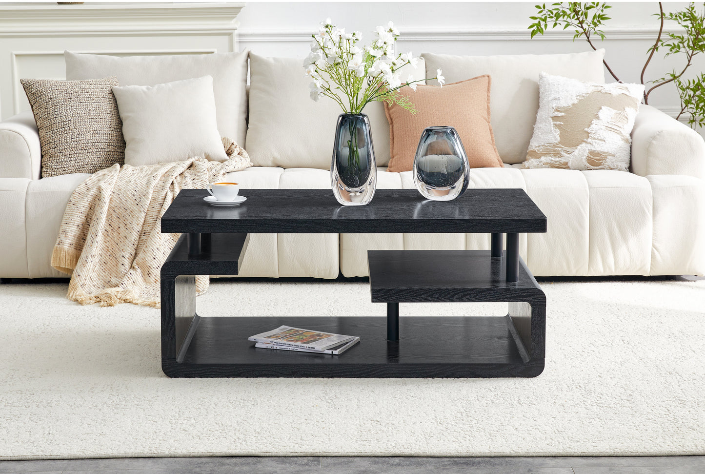 Three-Tier MDF Coffee Table With Black Wood Grain Finish, Modern