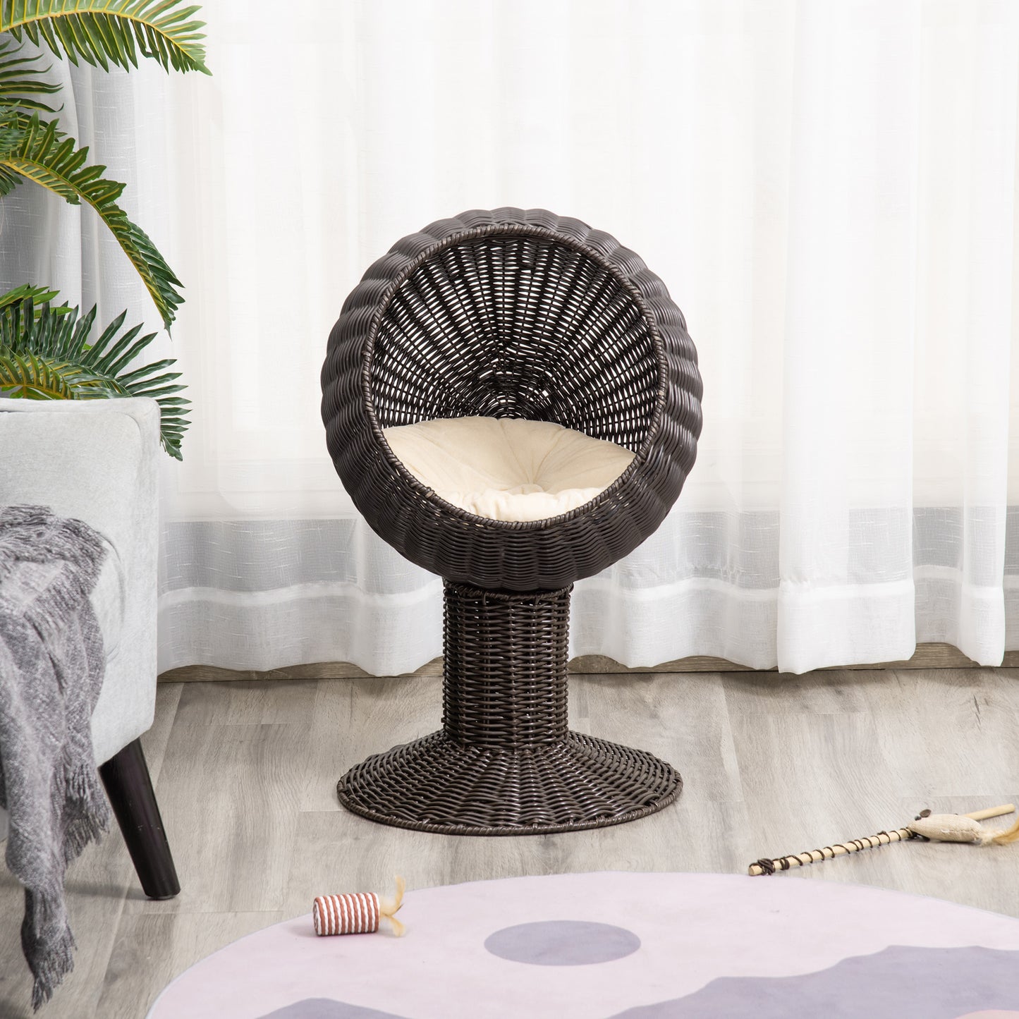 Elevated Cat Bed with Rotatable Egg Chair Pod, Cozy Woven Kitty House - Coffee 450x430mm