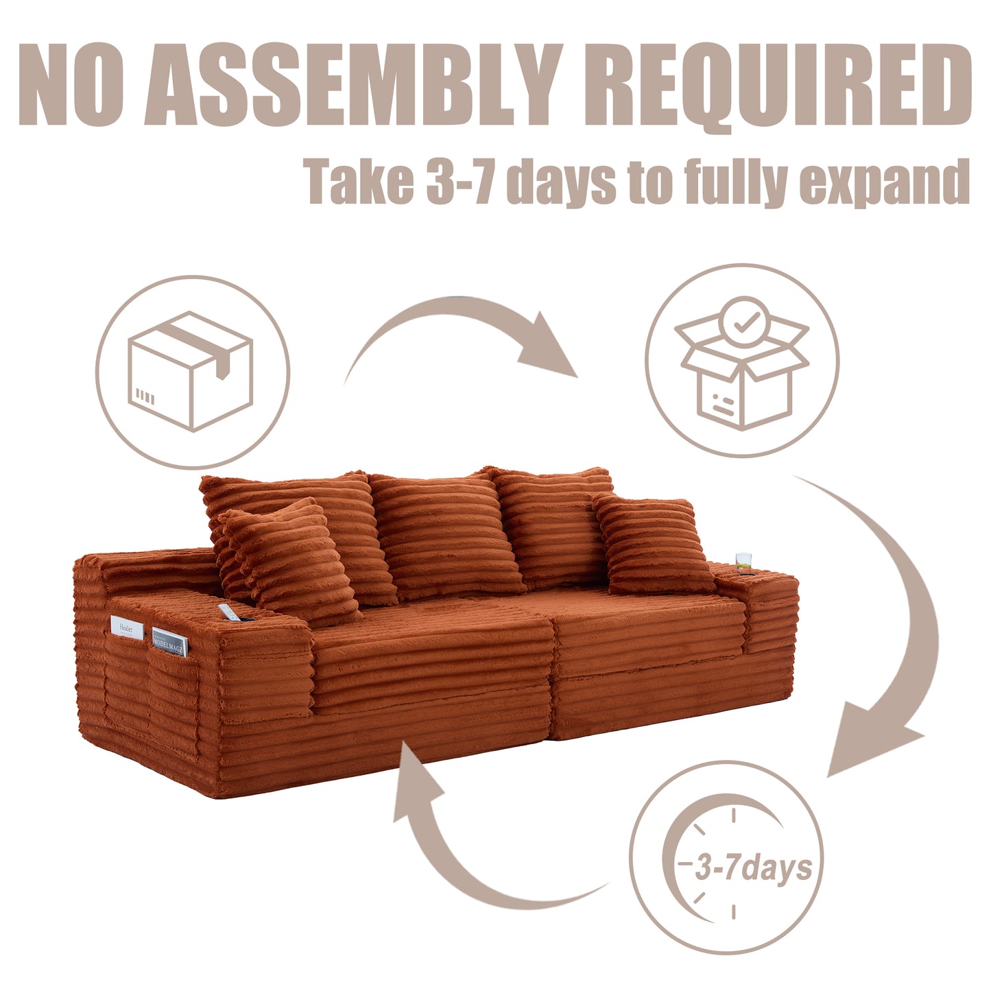 Oversized 4-Seat Sofa Bed with Cup Holder & Side Pockets - Orange