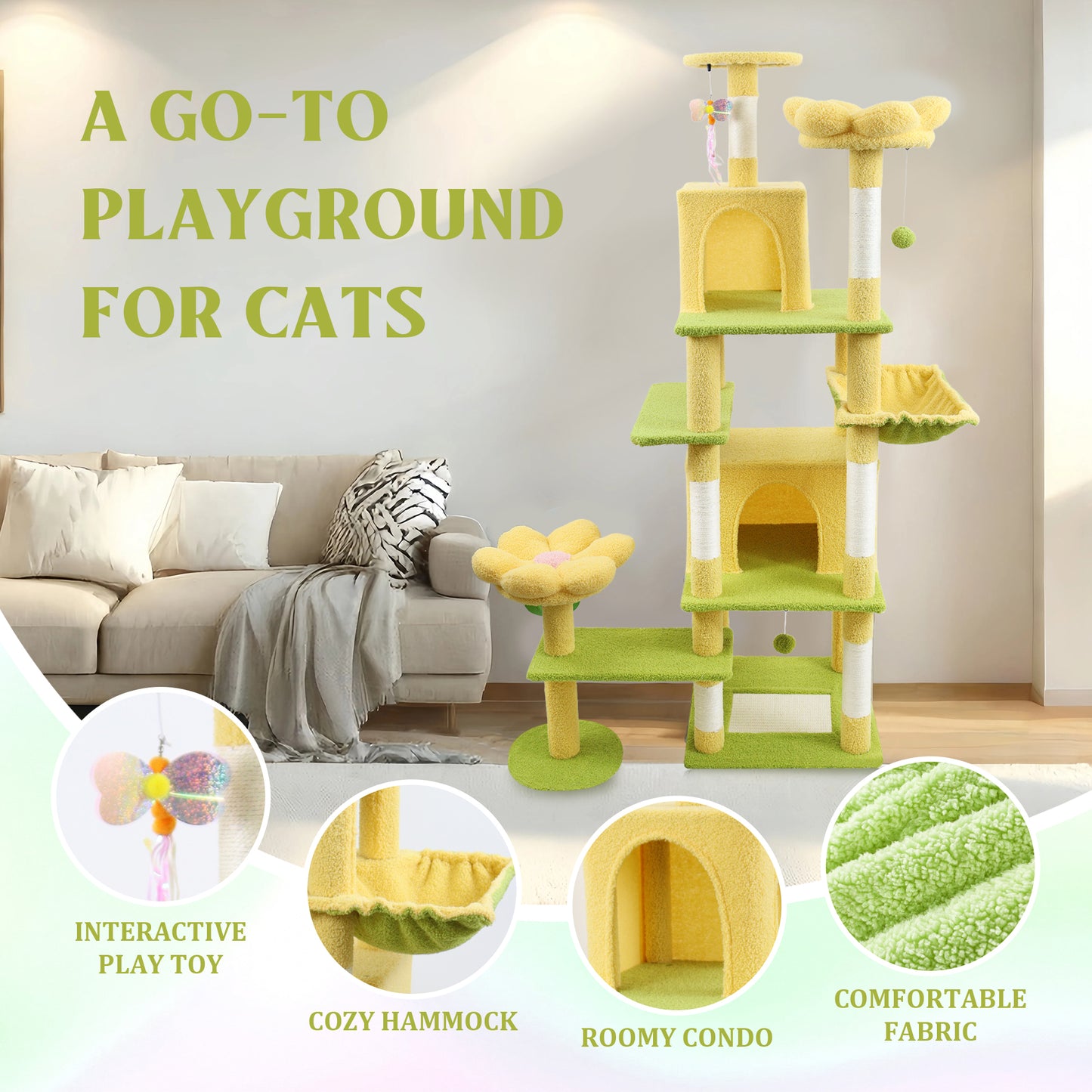 72-Inch Flower Cat Tree with Large Condo, Removable Flower Cushion & Hammock - Yellow