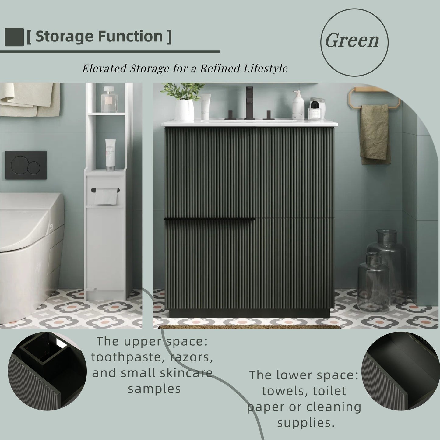 30" Bathroom Vanity with Ceramic Sink, Full-Extension Drawers, Green